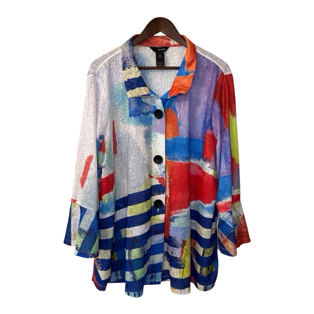 Ali Miles button up tunic top 2X colorful artsy bohemian geometric watercolor